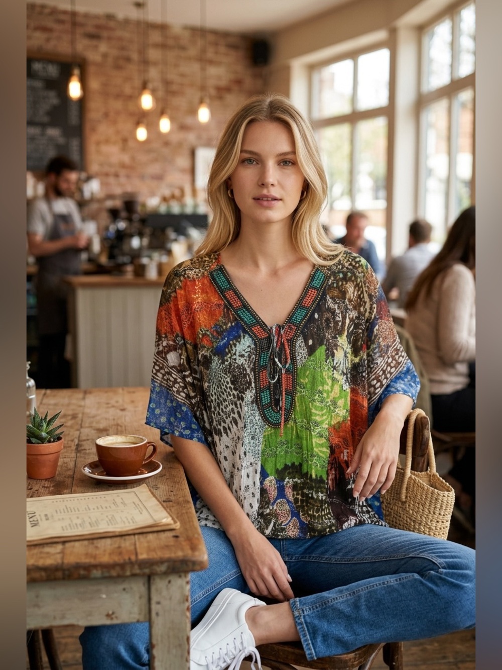 ALBERTO MAKALI vintage Multicolor Boho Poncho / Tunic with beaded accents, XL